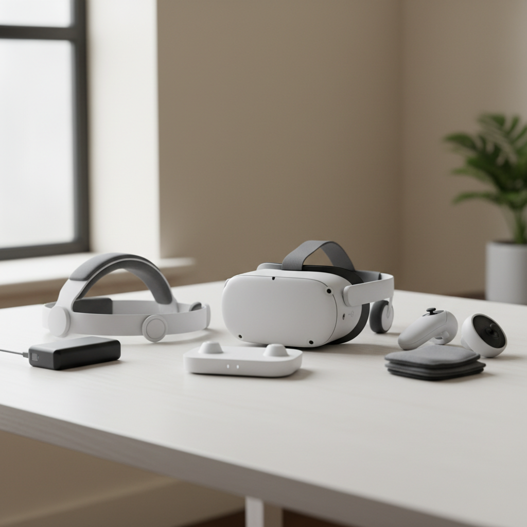 Meta Quest 3 headset on a desk with key accessories laid out for comfort and battery life