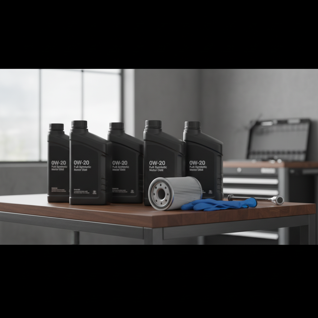 0W-20 full synthetic motor oil bottles on a clean garage workbench