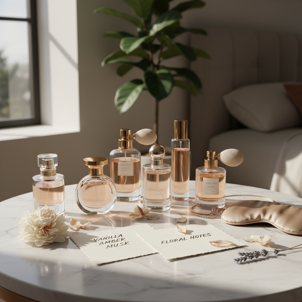 Long lasting perfume for women on vanity with scent notes