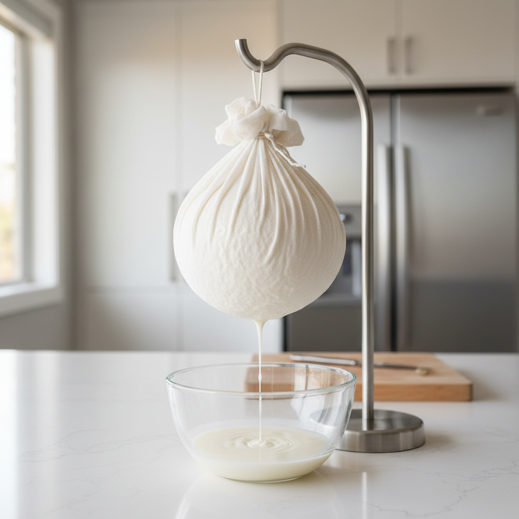 Thick strained yogurt in cheesecloth for shrikhand and amrakhand