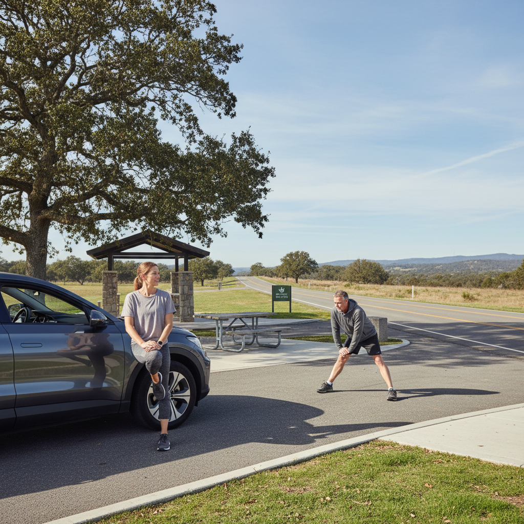 Simple standing stretches during a road trip break to relieve lower back pain from driving