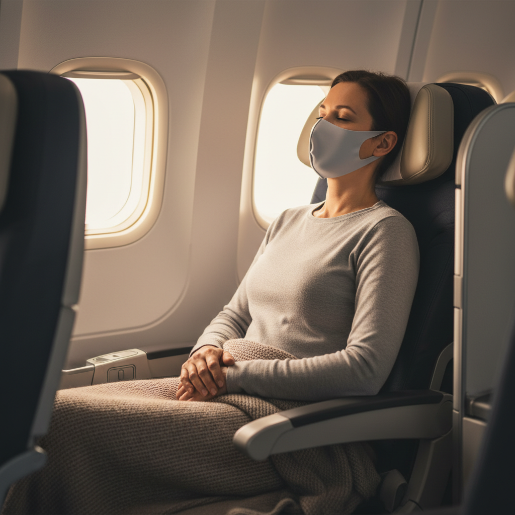 Traveler wearing a comfortable face mask on an airplane seat