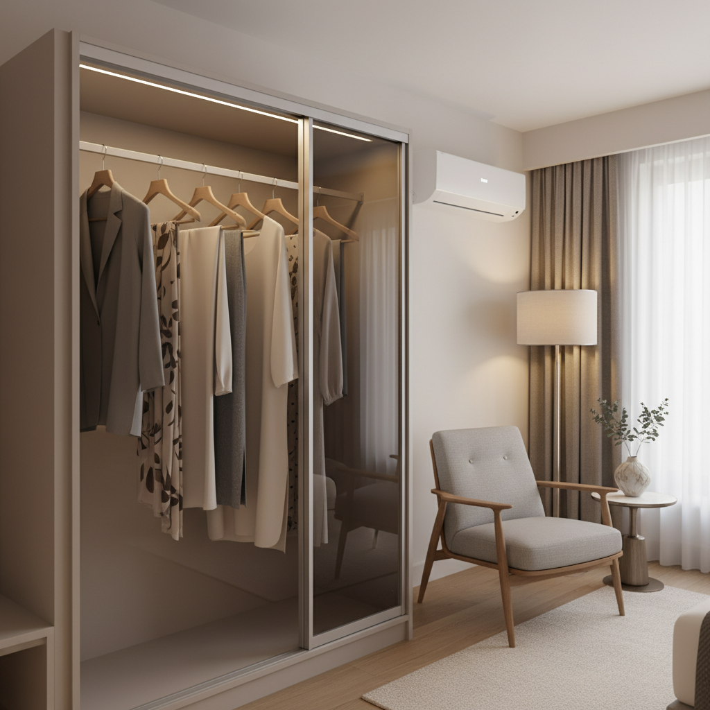 Clothes hanging with space between hangers near hotel air conditioner airflow