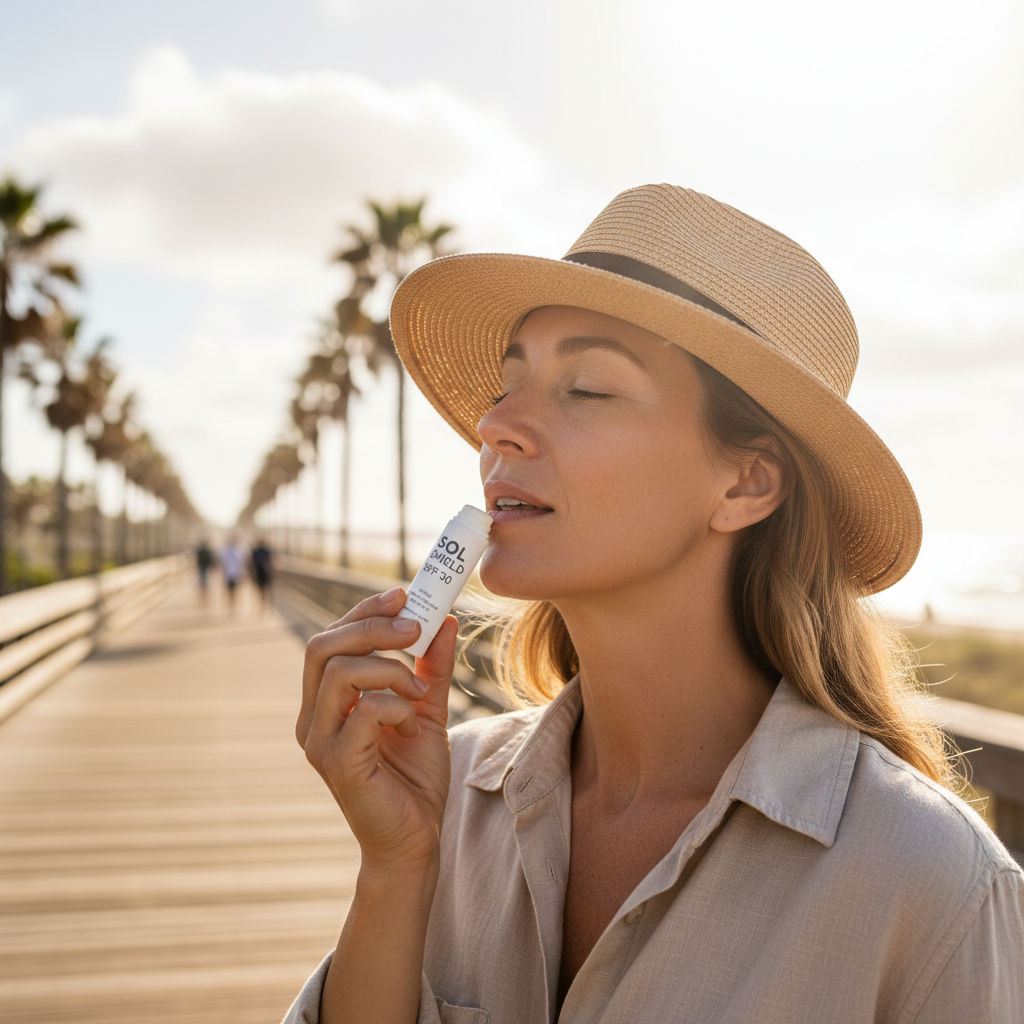 Applying SPF lip balm outdoors during travel for sun protection