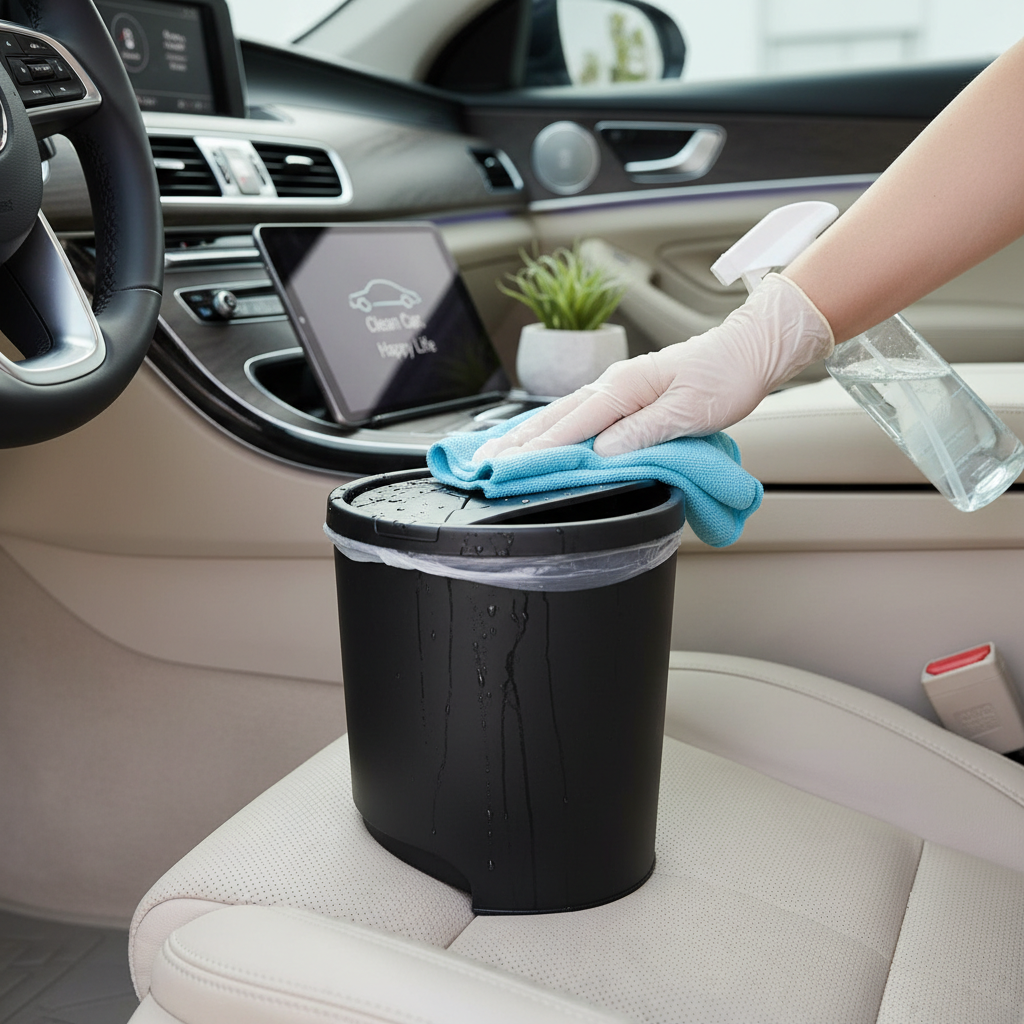 Hands wiping a car trash can with lid and cleaning car interior surfaces