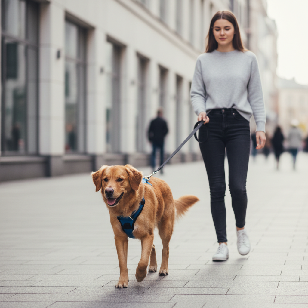 Dog wearing a front-clip harness on a city sidewalk walk