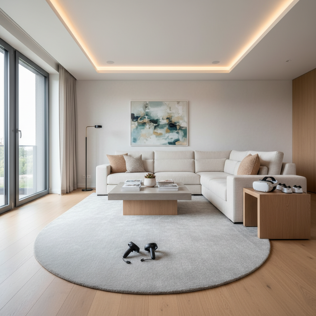 Adult VR gaming setup in a modern living room with a standalone headset and clear play area