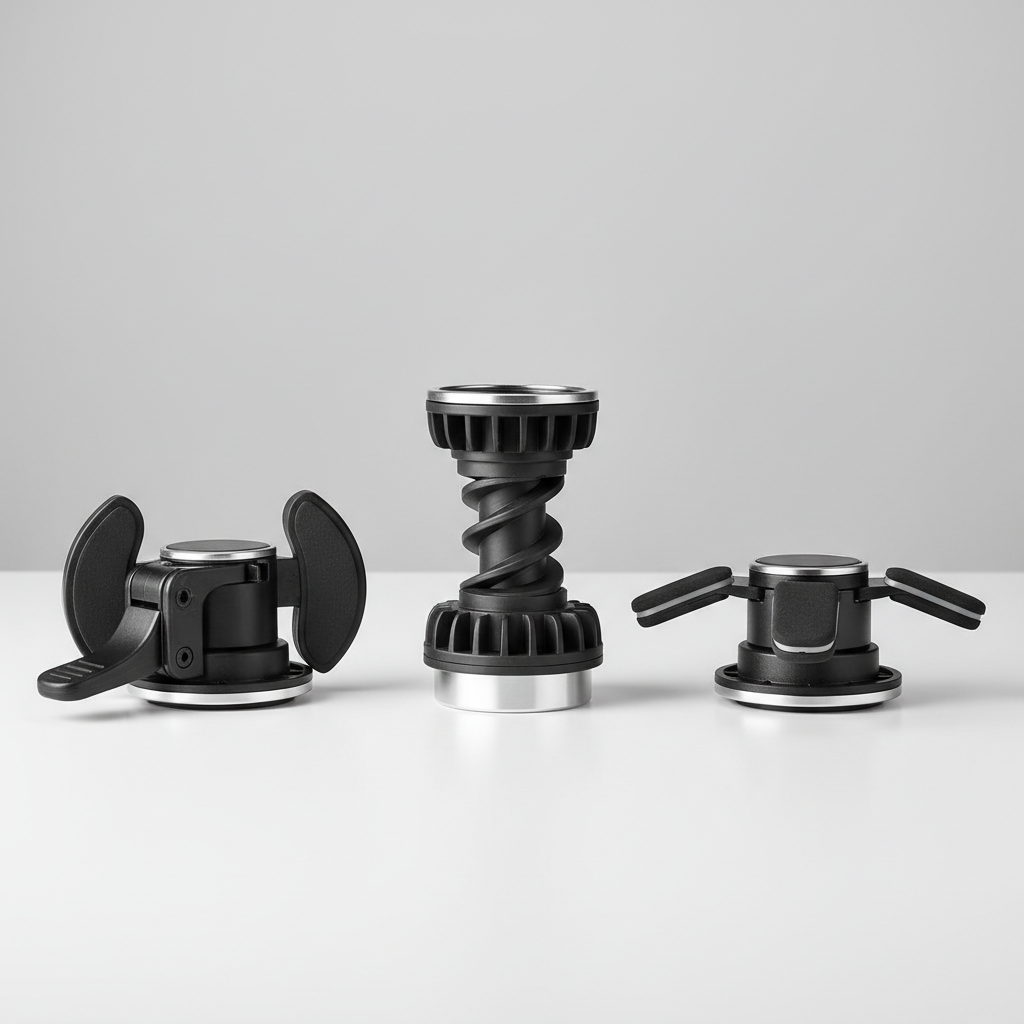 Tabletop comparison of cup holder expander mechanisms including twist lock and lever lock