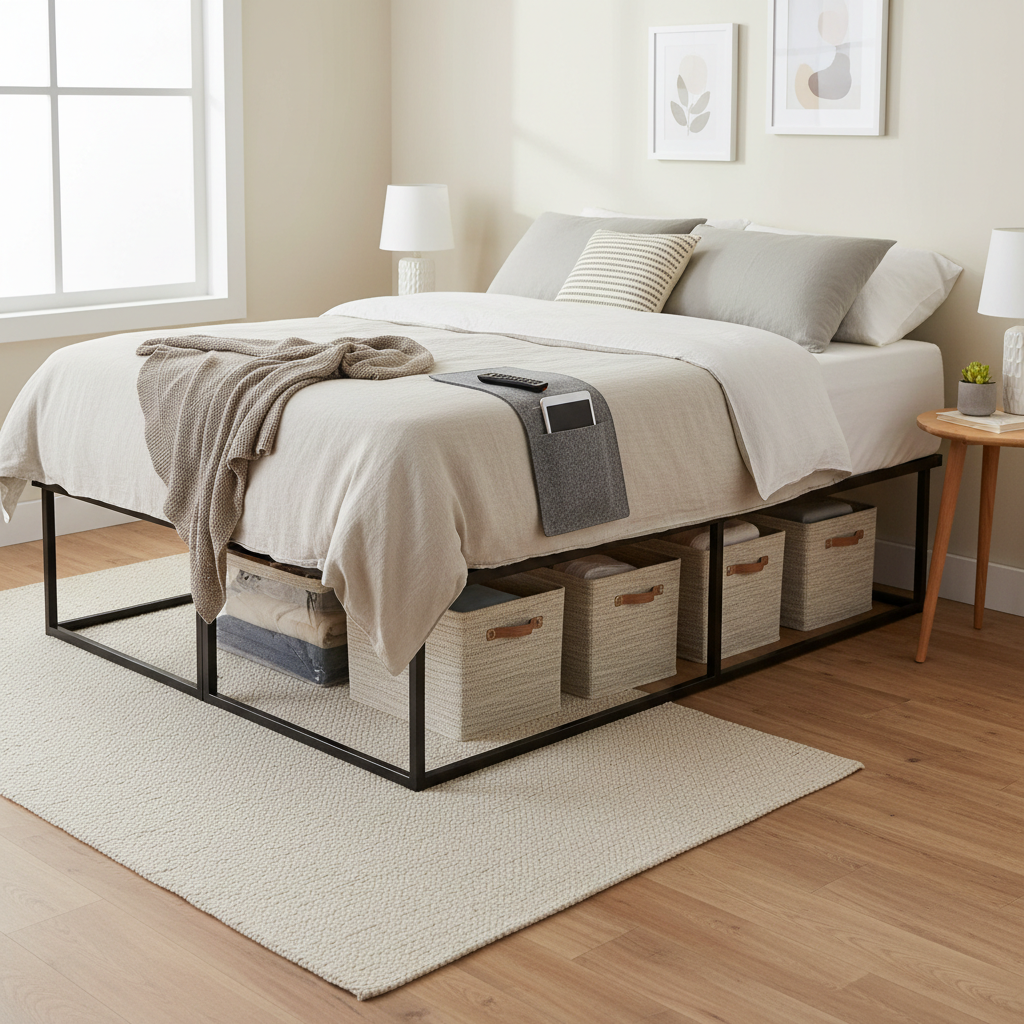 Under-bed storage bins and bedside organizer in a small rental bedroom