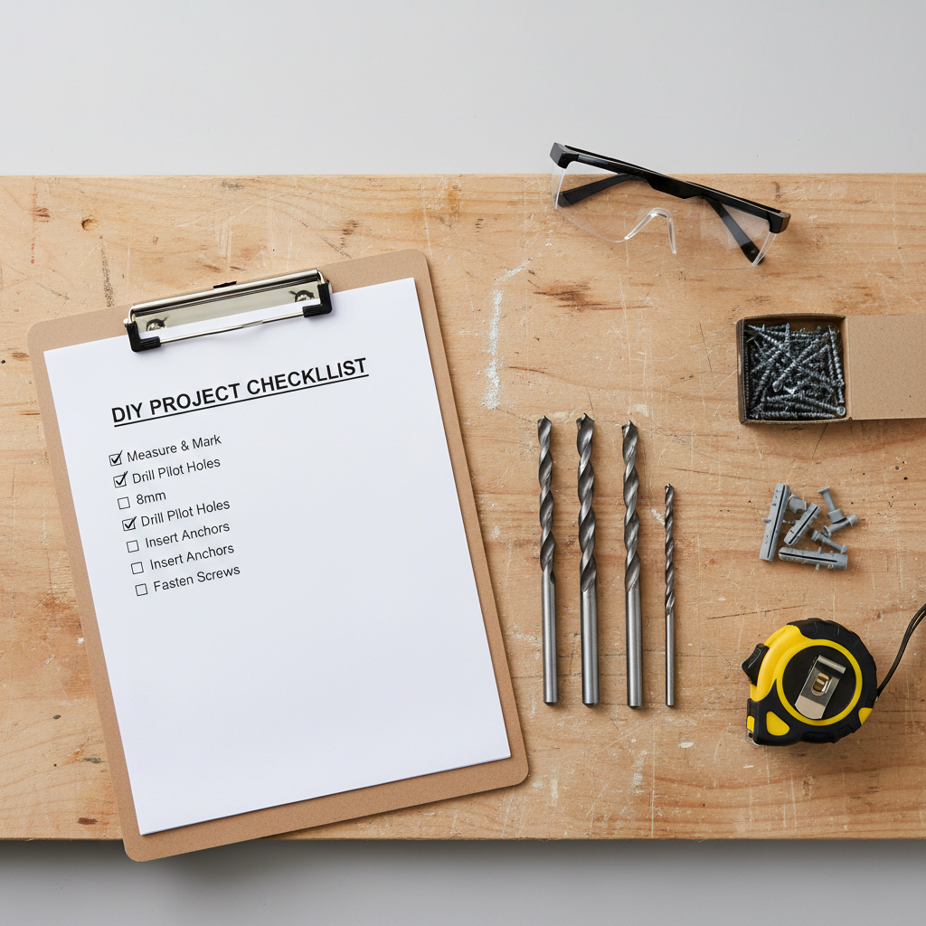 DIY checklist on a clipboard next to masonry bits and concrete anchors