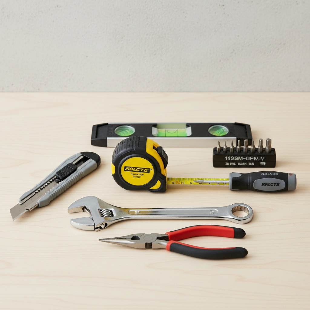 Tool kit essentials checklist laid out: tape measure, screwdriver bits, pliers, level