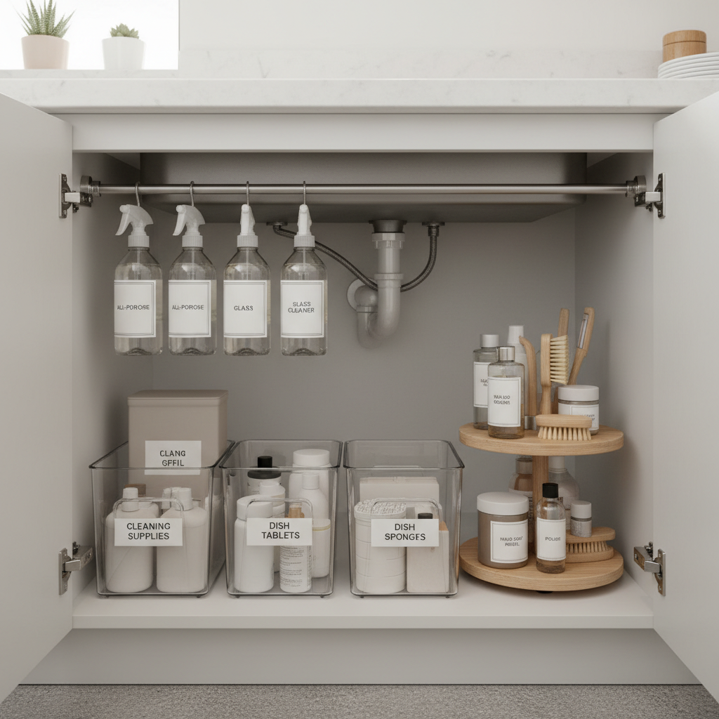 Organized under-sink cabinet with labeled bins and a tension rod for spray bottles
