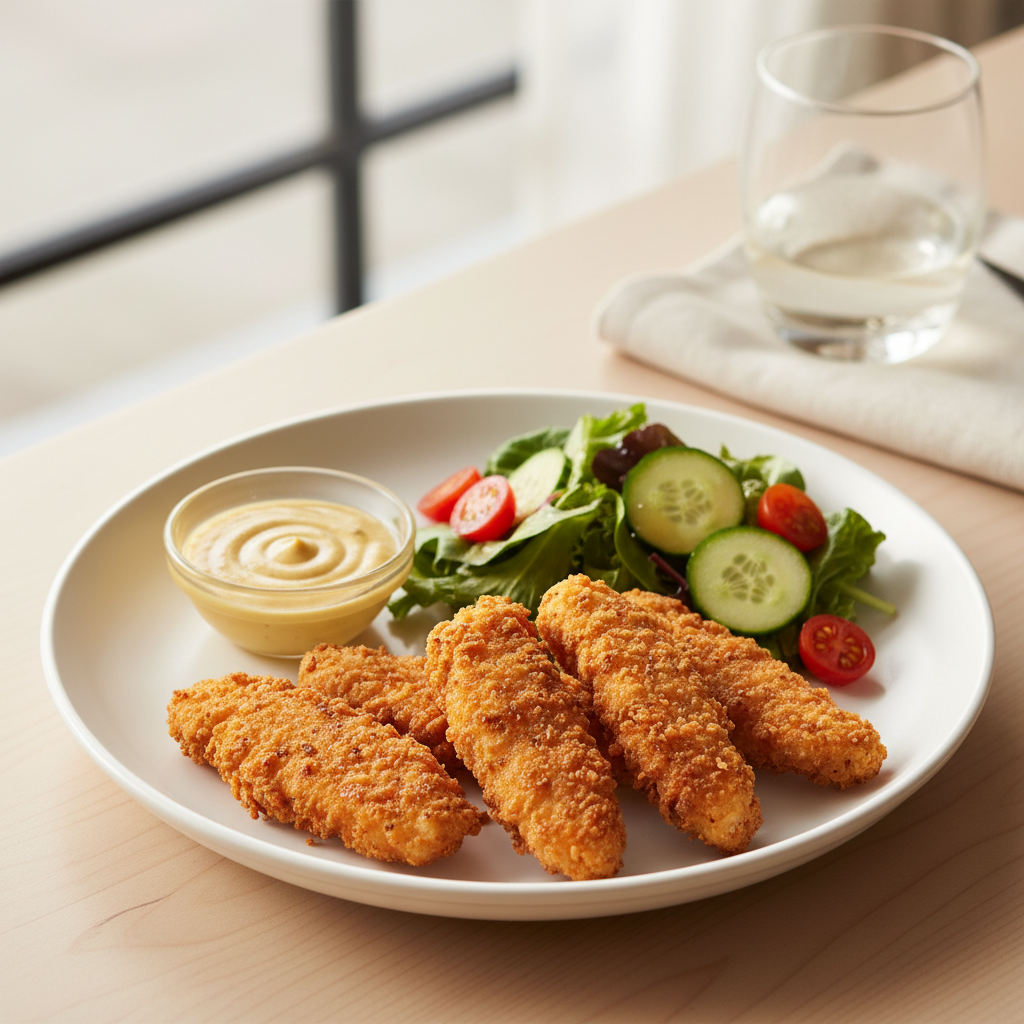 Honey mustard sauce served with chicken tenders and a fresh salad on a plate