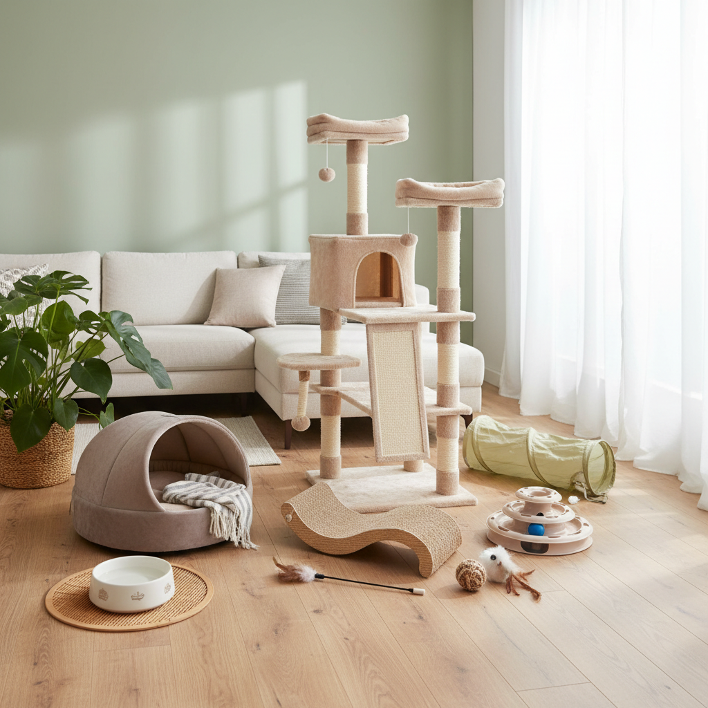 Enriched indoor cat environment with scratching post and hiding space