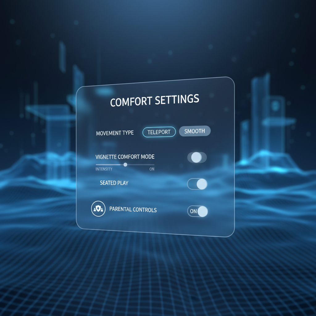 VR comfort settings menu showing teleport movement and vignette options for kids