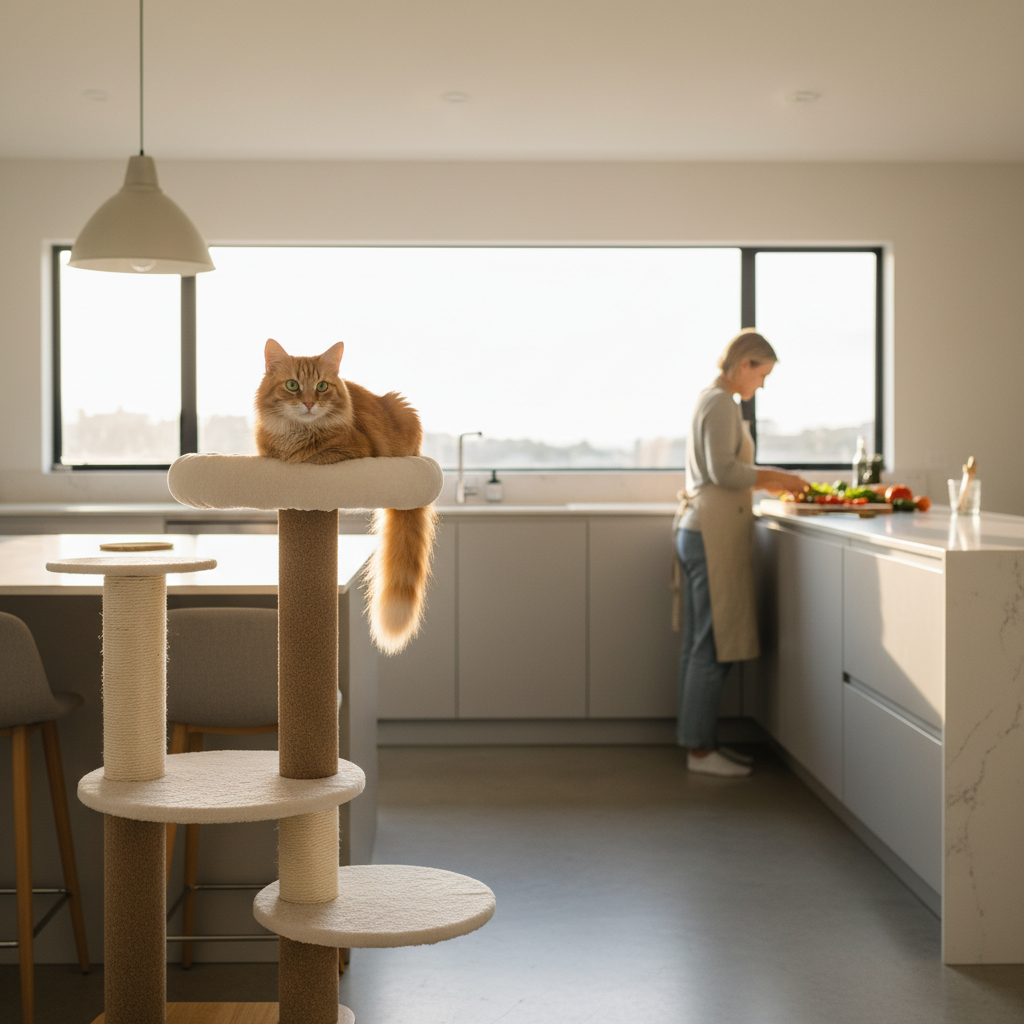 Cat choosing a nearby cat tree perch while kitchen counters remain clear during training
