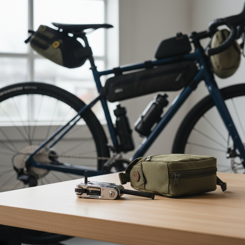 Compact cycling multi tool next to a travel bike setup and small saddle bag
