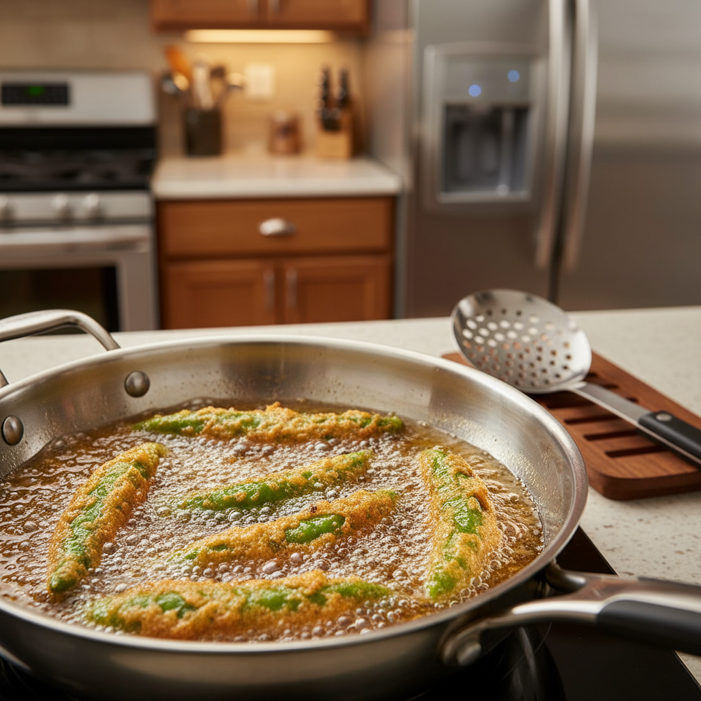 Mirchi vada frying in oil with bubbling batter for crispy texture