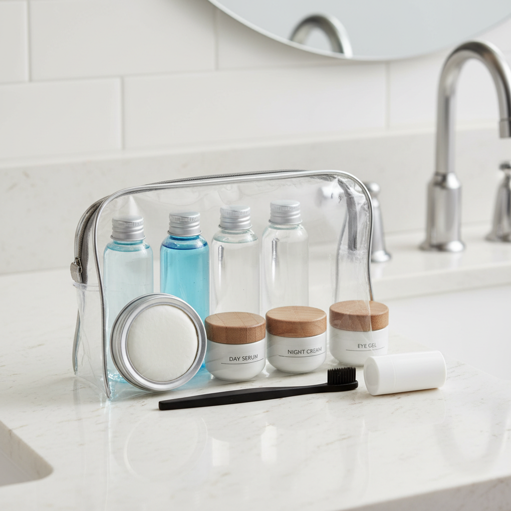 TSA-friendly travel toiletry kit with solid shampoo bar and refillable bottles