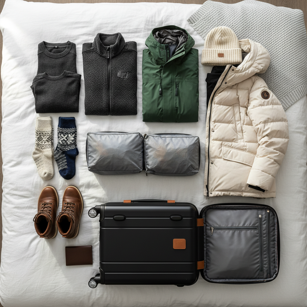 Winter packing layout for Norway trip: layers, boots, accessories on a bed