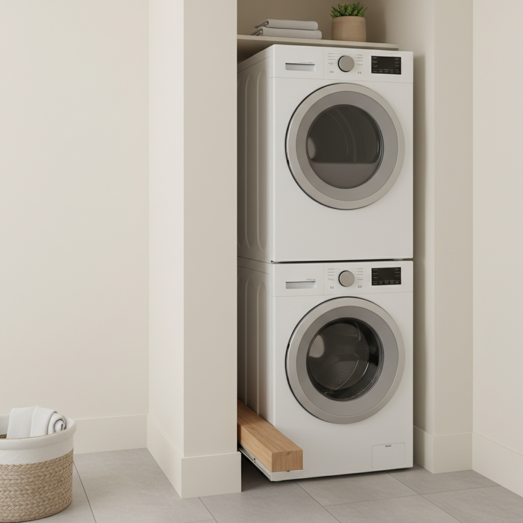 Compact washing machine in a small apartment laundry closet next to a compact dryer