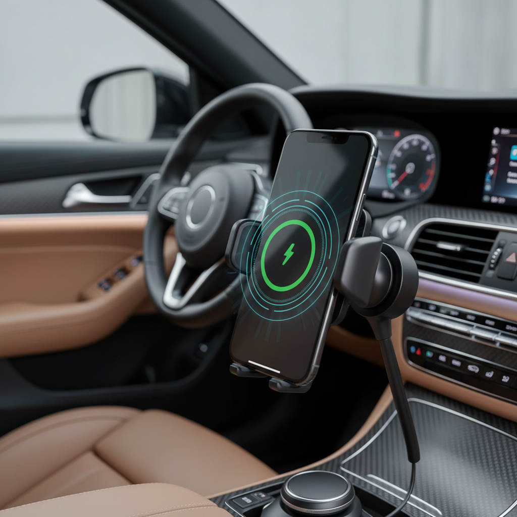Close-up of wireless charging coil alignment on car phone mount with phone centered