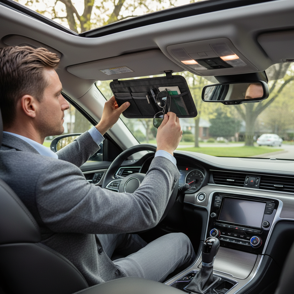 Driver checking visor organizer while parked safely