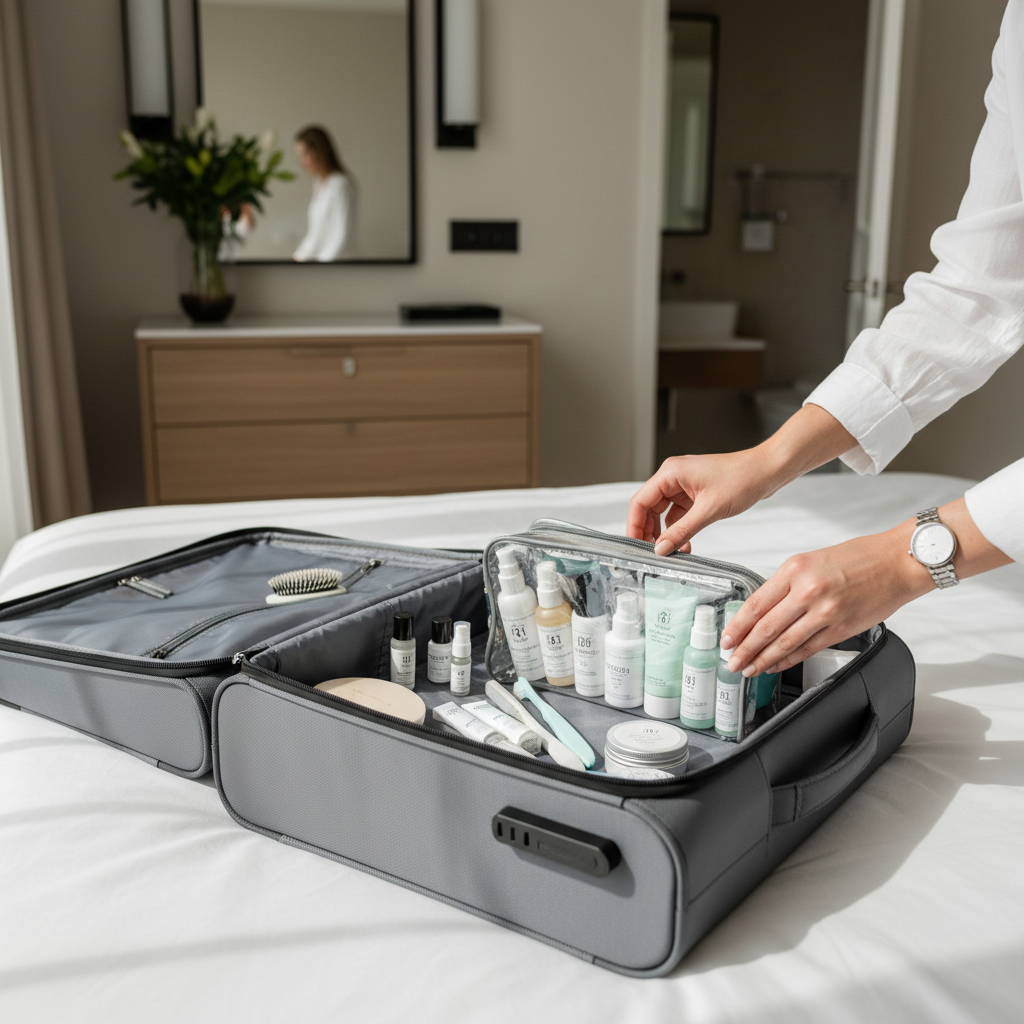 Woman packing travel-size toiletries into a carry-on with clear TSA bag
