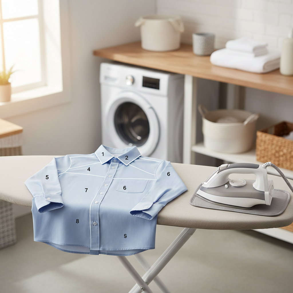 Step-by-step shirt ironing order focusing on collar cuffs yoke and sleeves