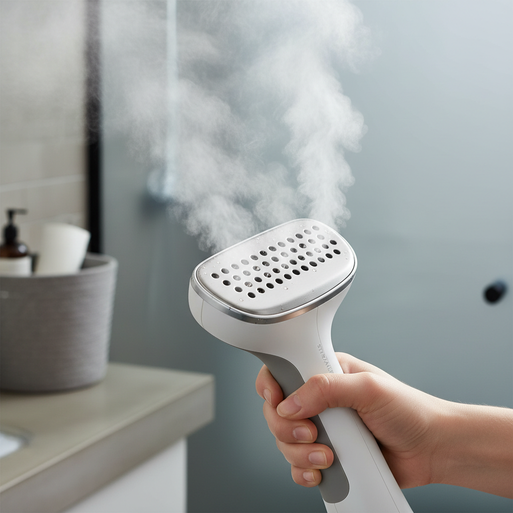 Close-up of steam plate on a handheld garment steamer showing even steam output