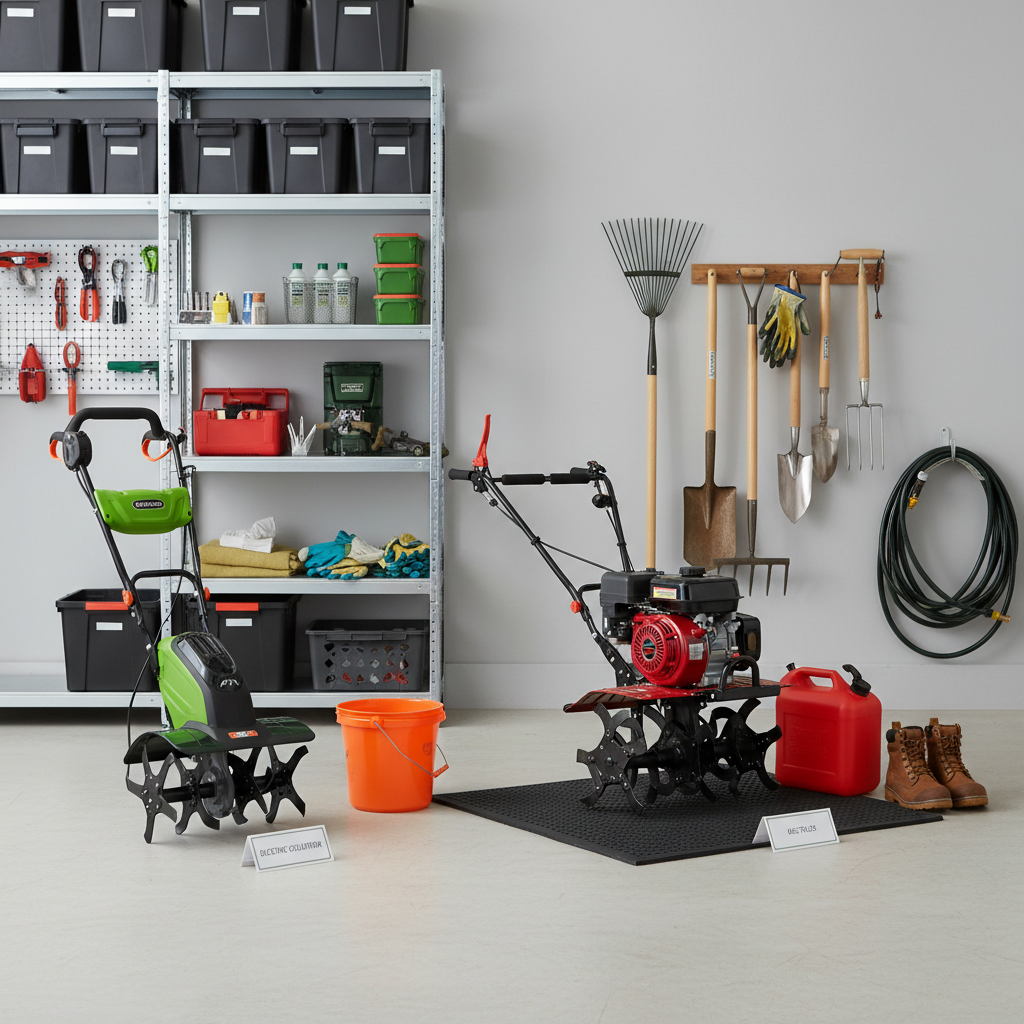 Garden tiller size comparison for small garden storage and maneuverability