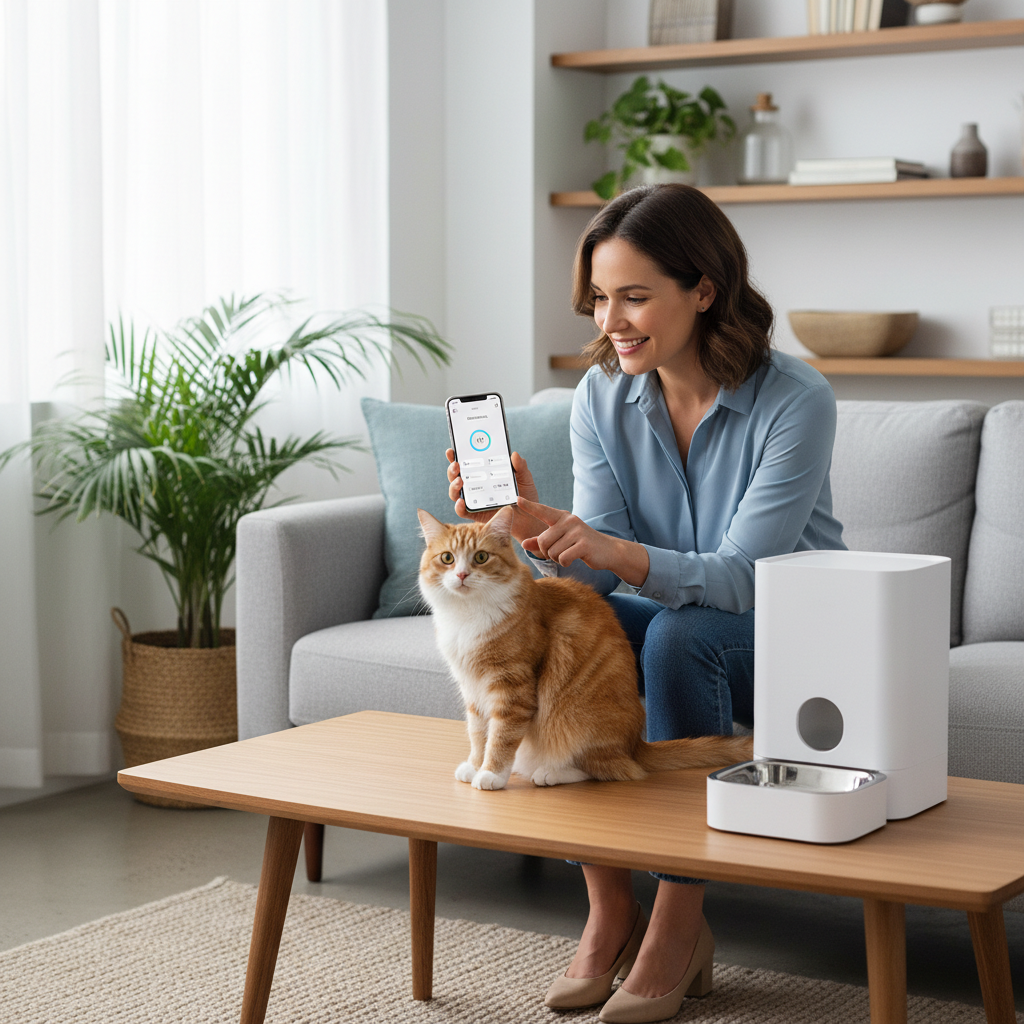 Pet owner checking automatic feeder settings on a smartphone next to a curious cat