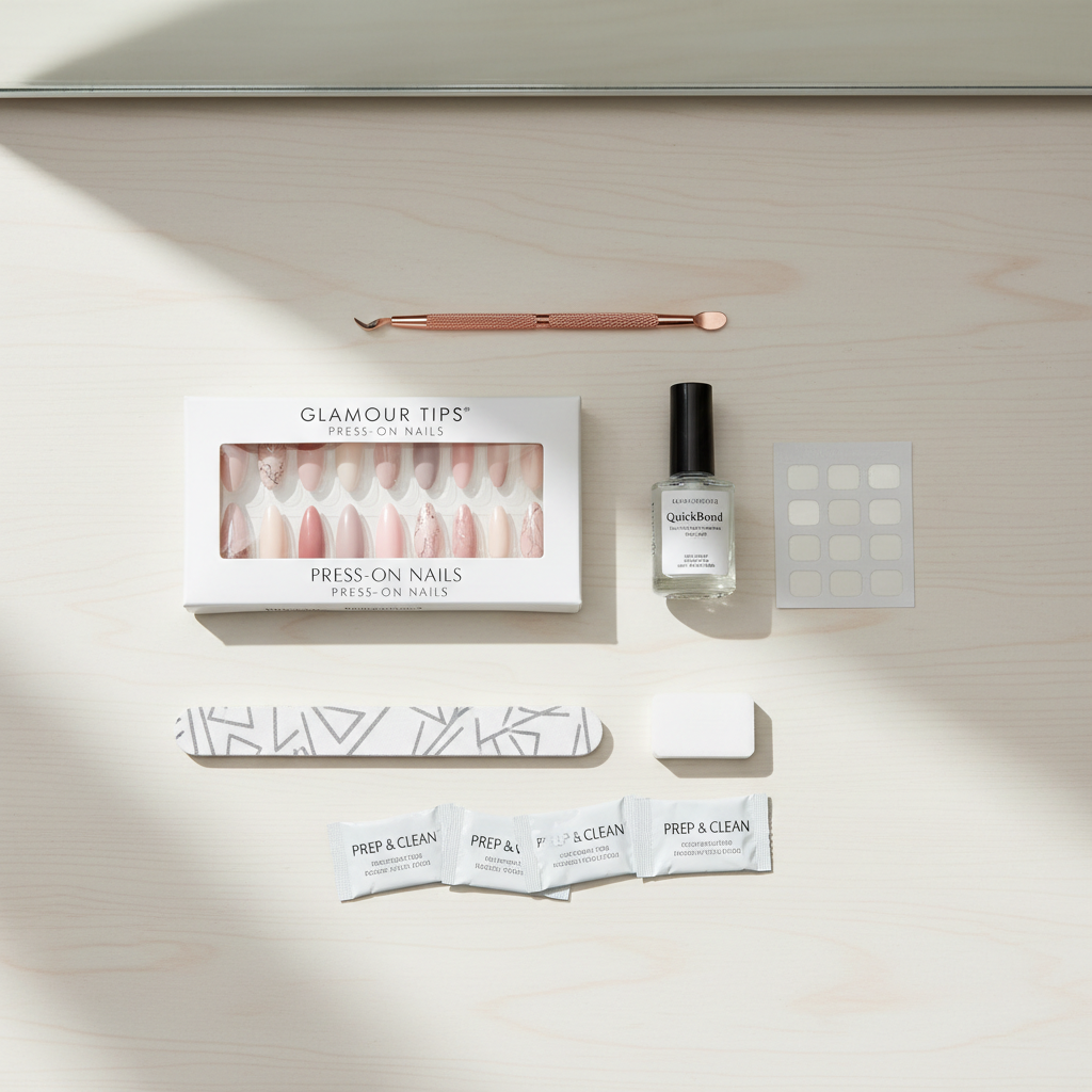 Beginner press on nails kit with glue, adhesive tabs, file, and alcohol wipes on a clean vanity