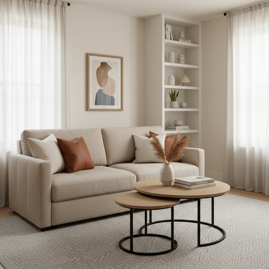 Convertible sofa and nesting tables in a compact living room