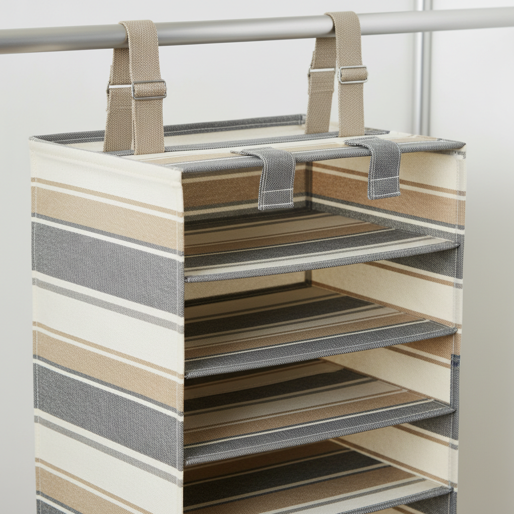 Close-up of a hanging closet organizer with reinforced shelves and side straps
