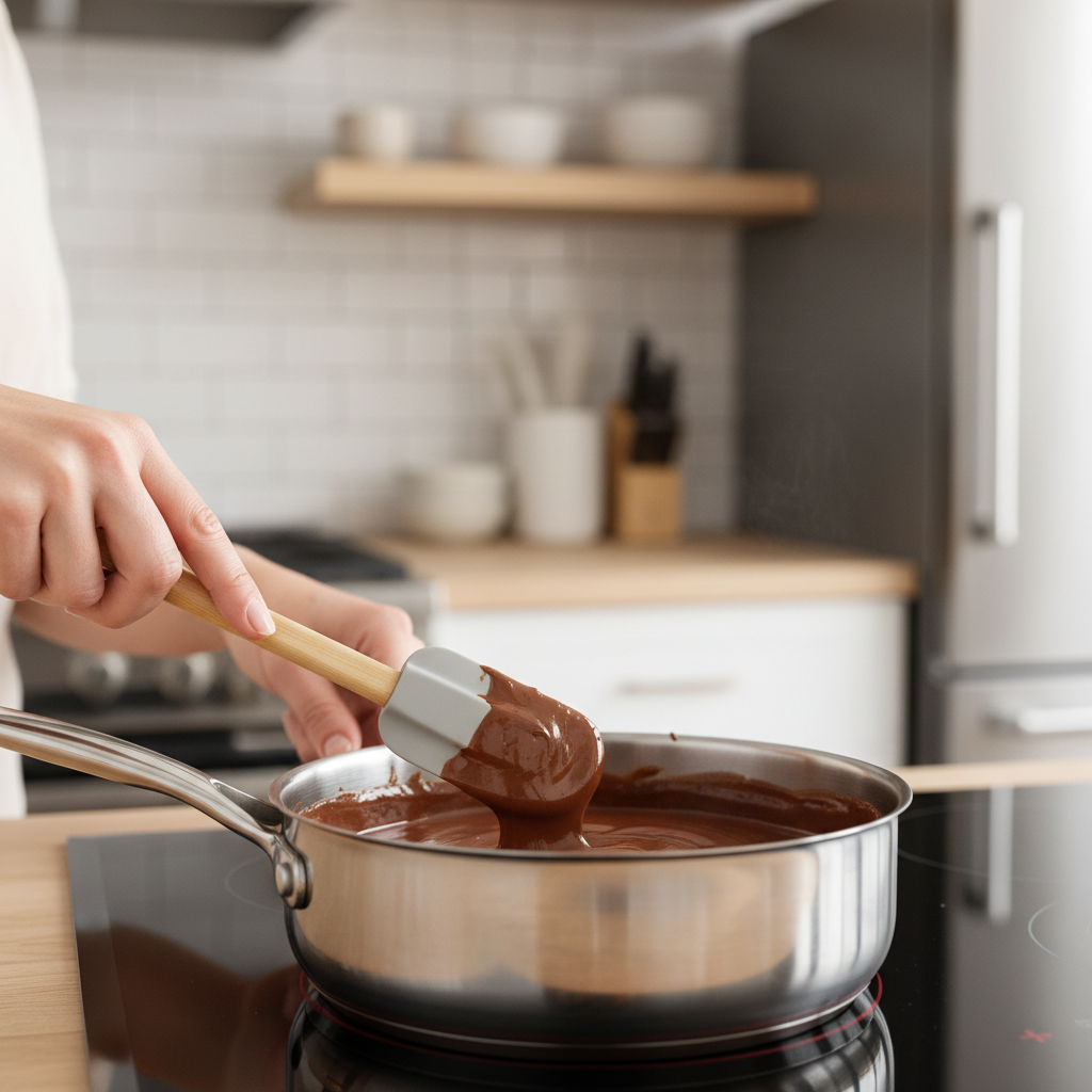 Hands swirling melted chocolate fudge mixture in saucepan over low heat