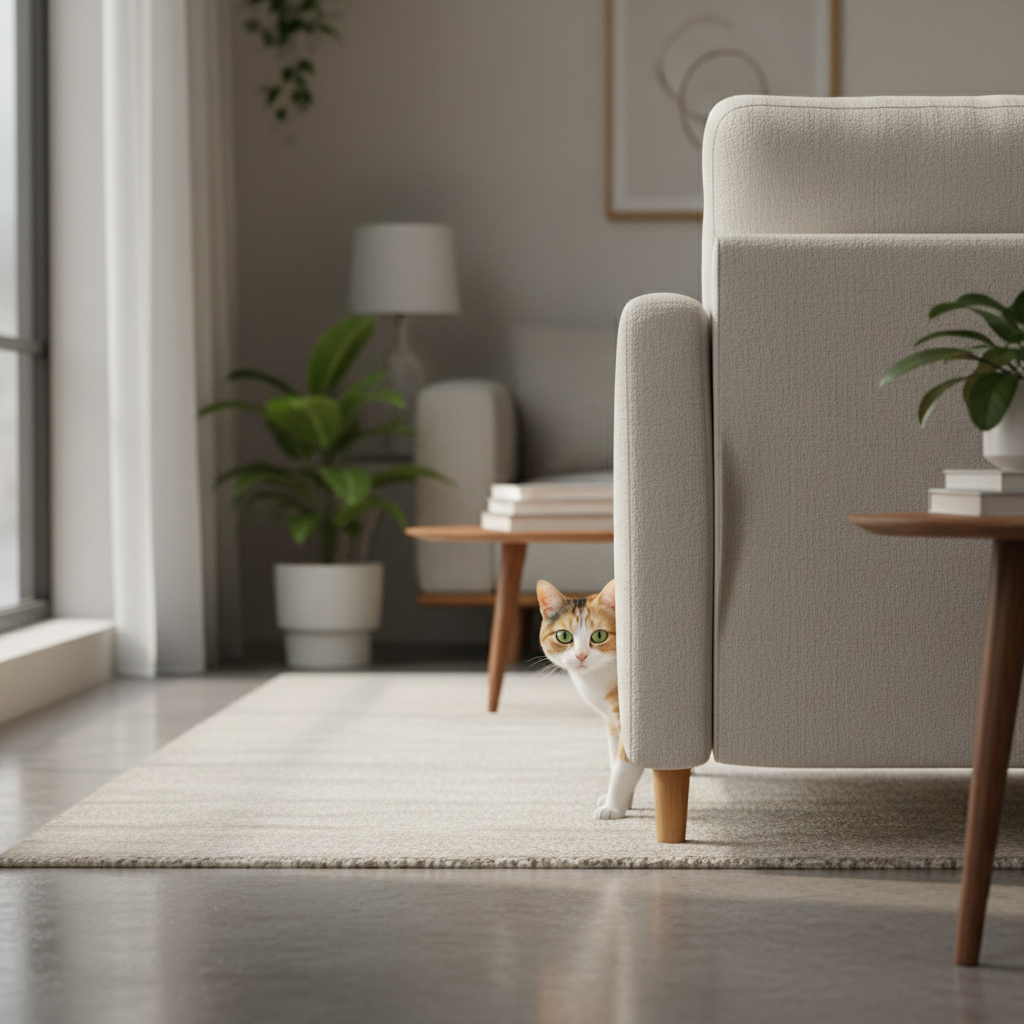 Anxious cat hiding in a calm home environment