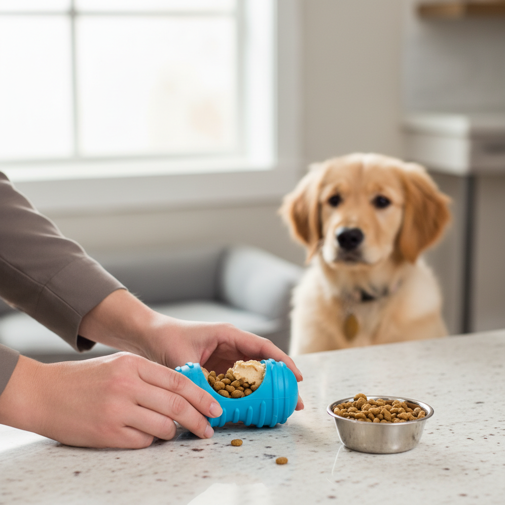 Owner stuffing a puppy toy with kibble for teething relief