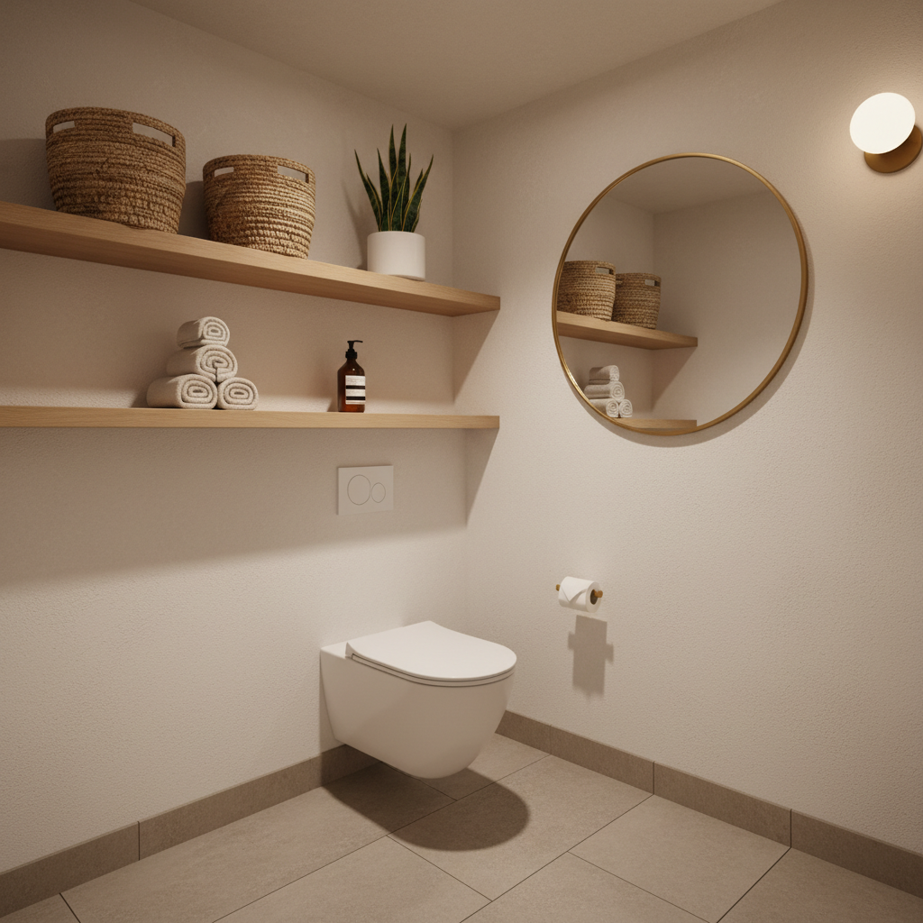 Floating shelves above toilet with neatly styled baskets and guest towels in a small powder room