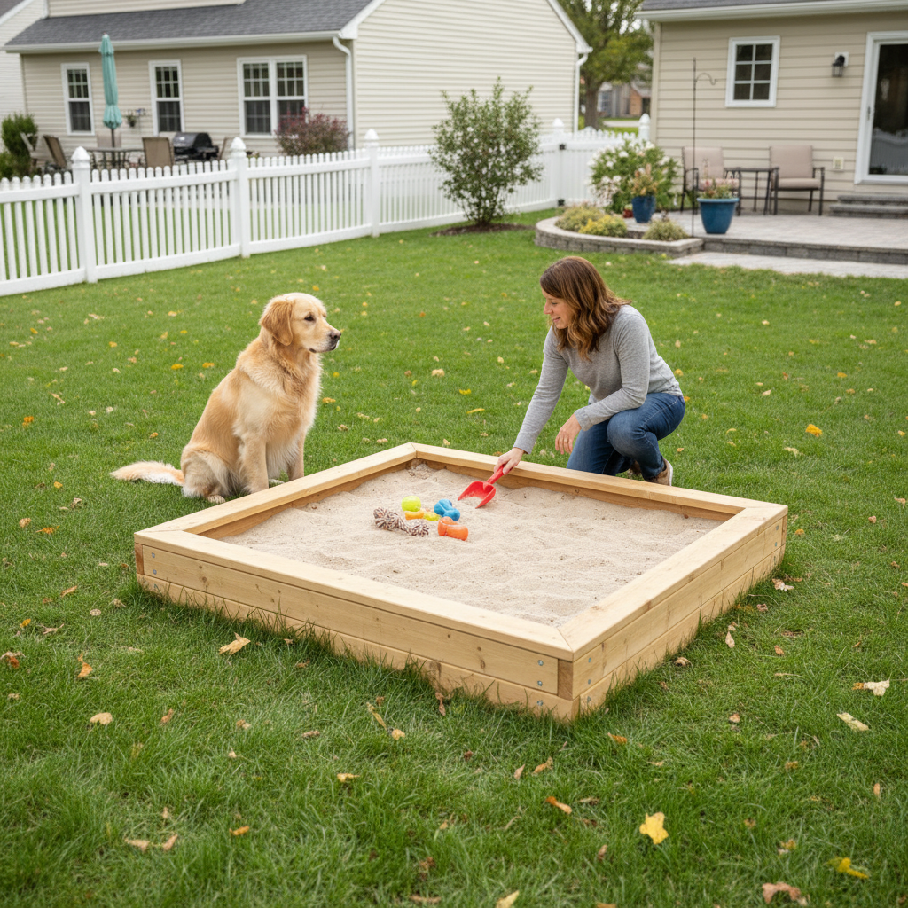 Owner adding a digging pit area for a dog in the backyard