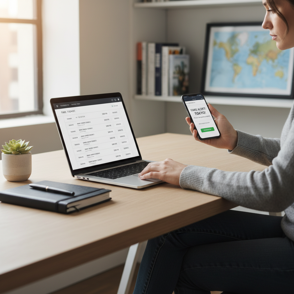 Traveler comparing flight prices on laptop and phone with fare alerts