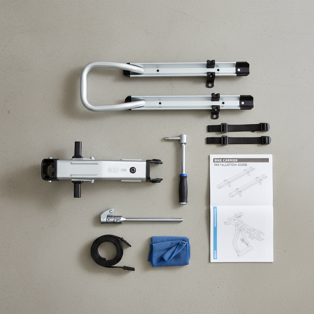 Checklist layout of bike rack parts and tools on a garage floor