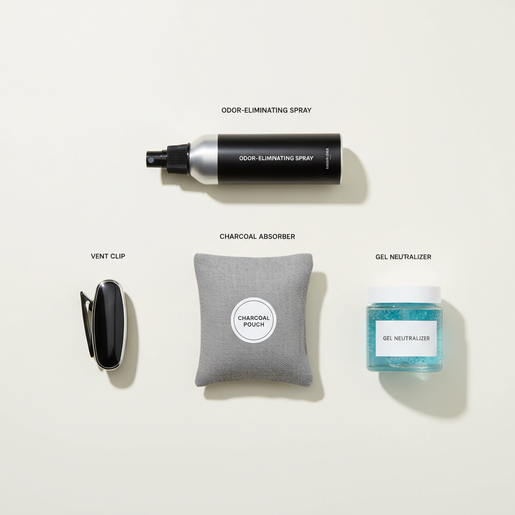 Charcoal bag, gel odor absorber, vent clip, and spray arranged for comparing smoke odor solutions