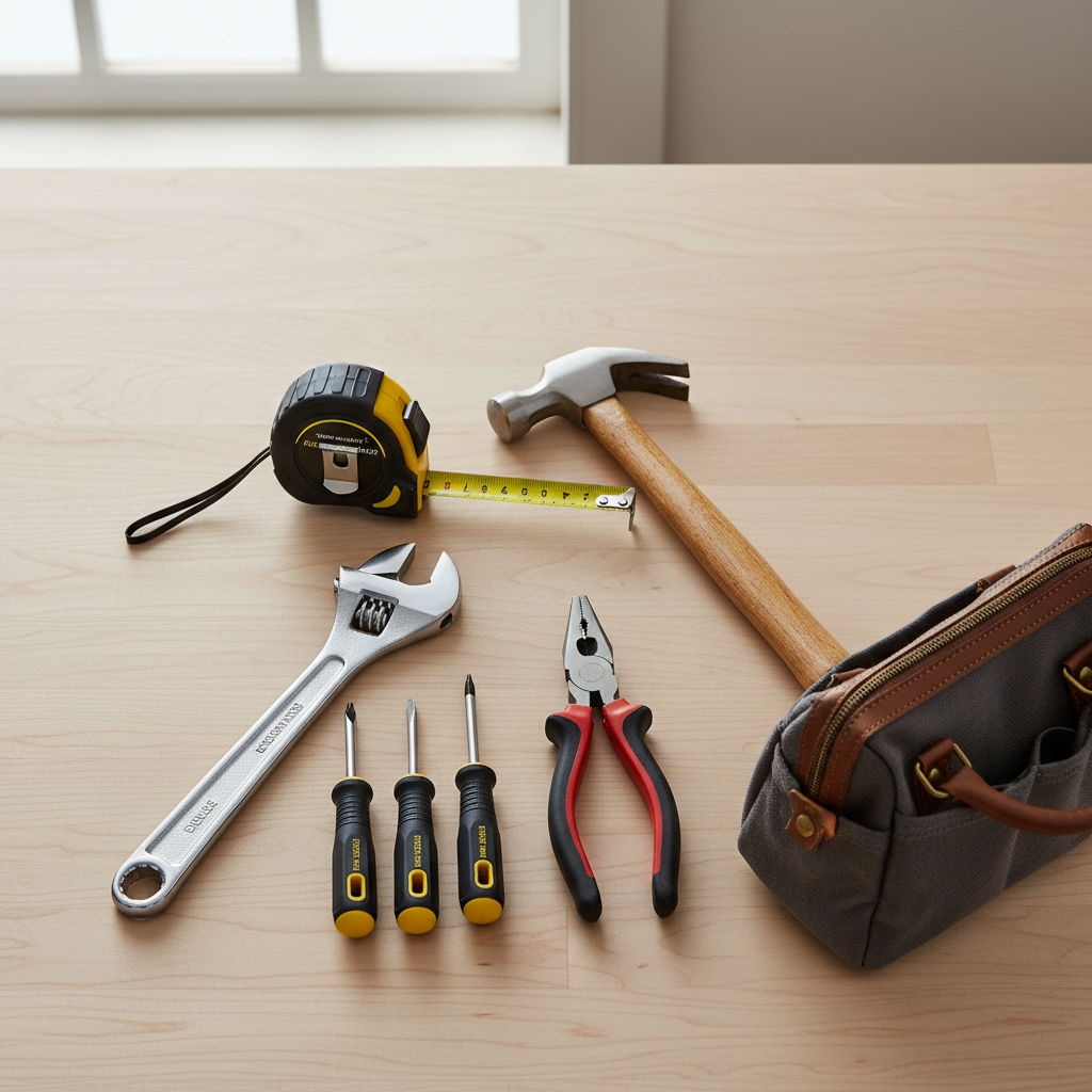 Beginner tool set essentials laid out on a workbench