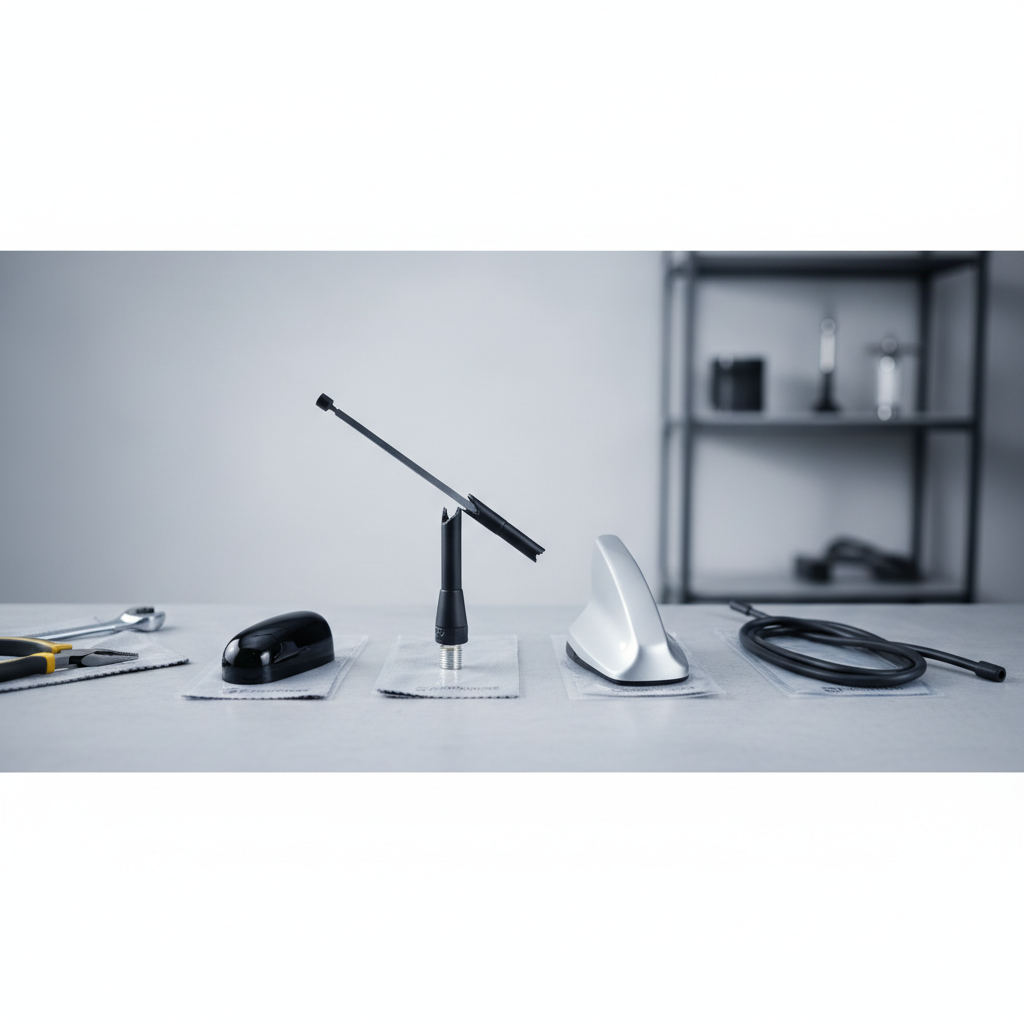 Broken car antenna mast next to replacement options on a workbench