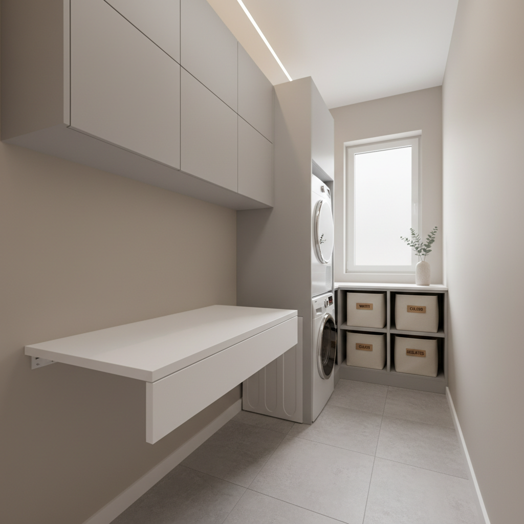 Narrow laundry room with fold-down table, closed cabinets, and coordinated storage bins