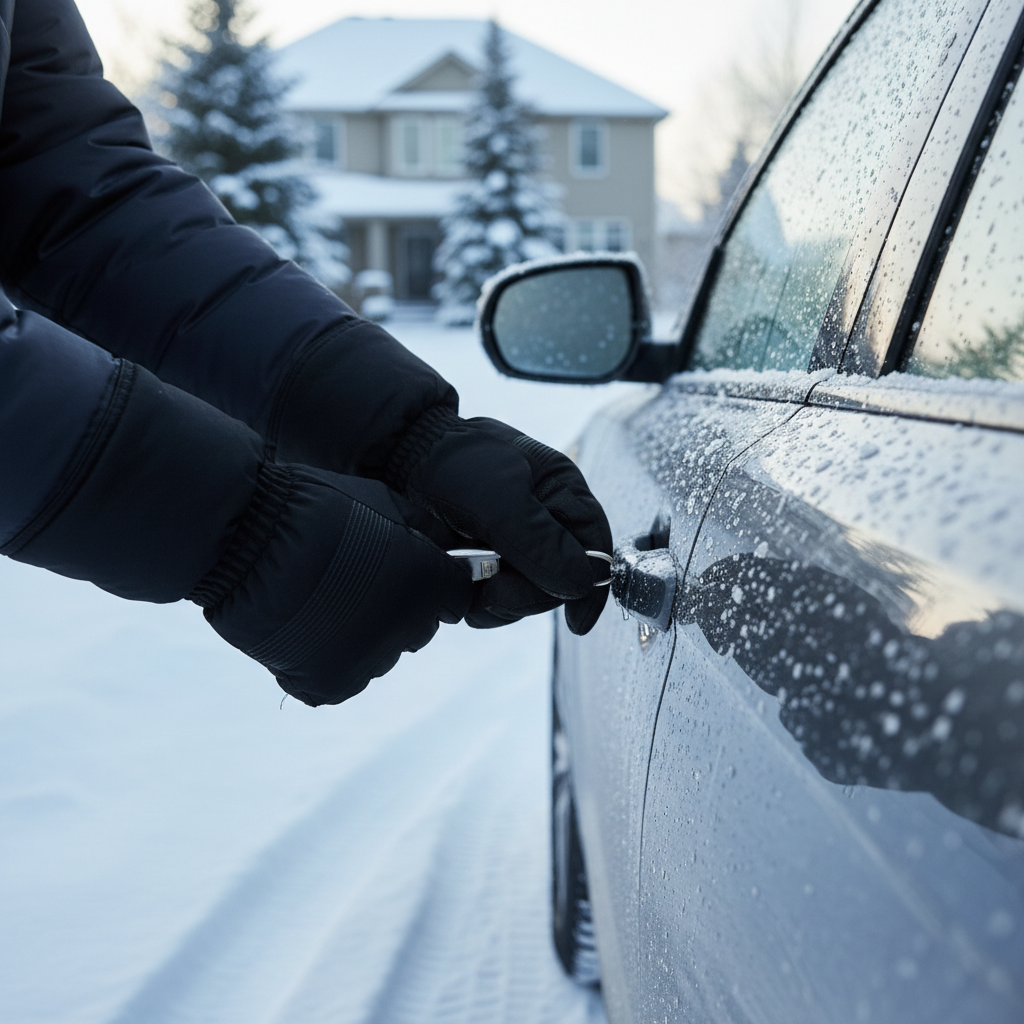 Driver dealing with a frozen car door lock on a snowy morning