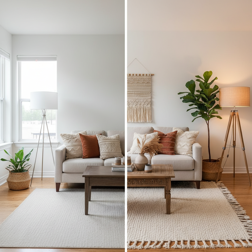 Step-by-step budget boho living room styling with rug lighting and plants