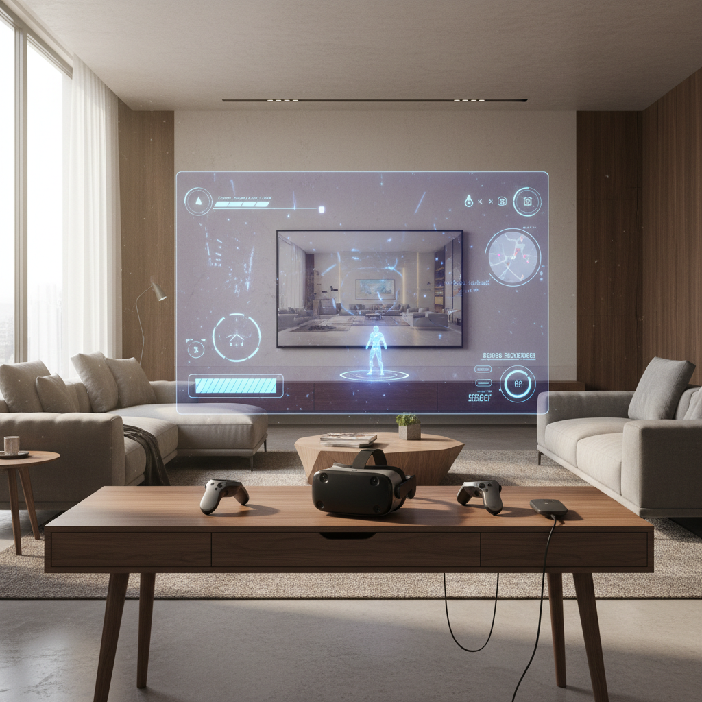 Modern VR gaming setup with headset, controllers, and mixed reality passthrough view