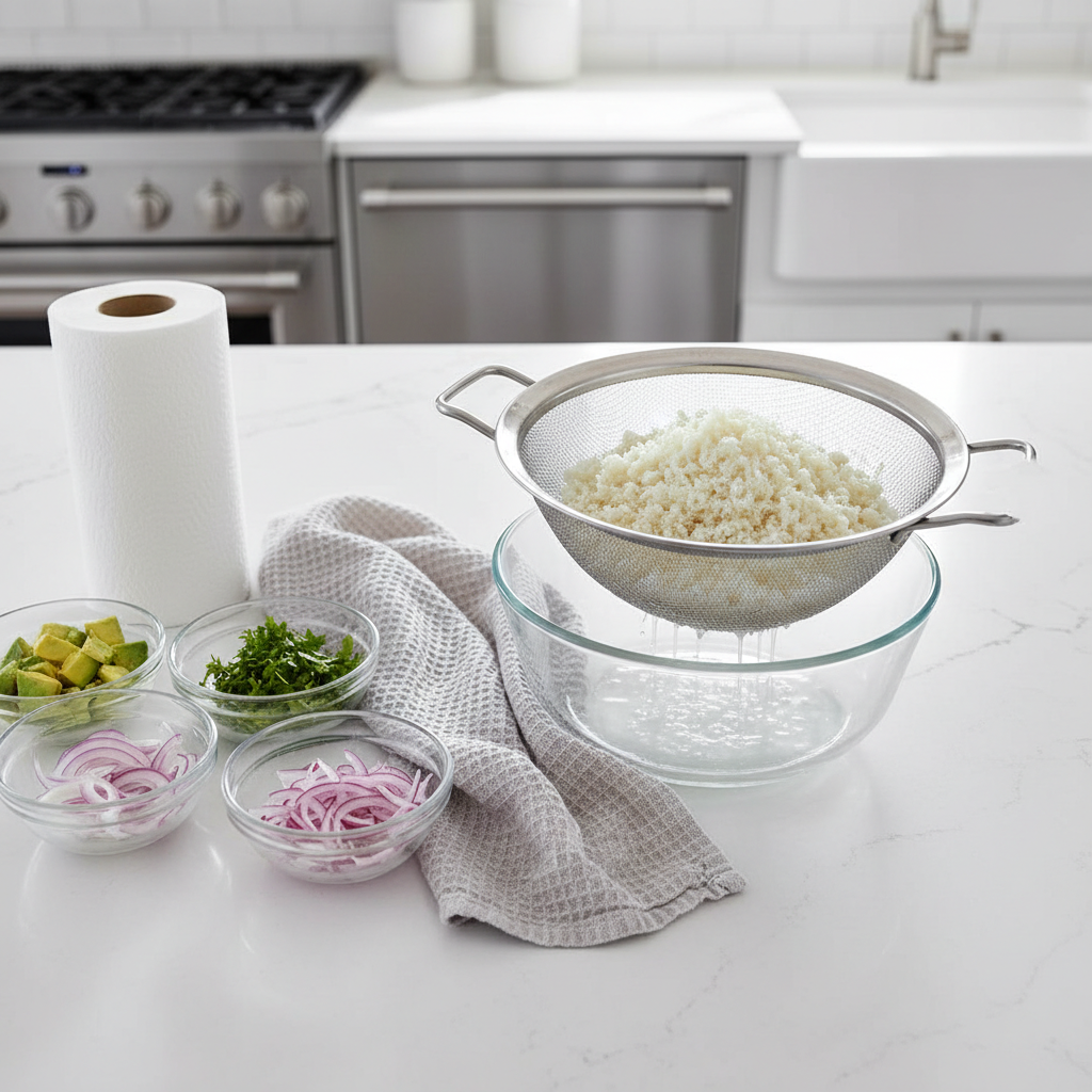 Prep steps for cauliflower rice: draining, towel drying, and portioning
